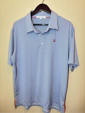 Bald Head Blues Men’s Blue & White Striped Golf Polo Shirt, Large